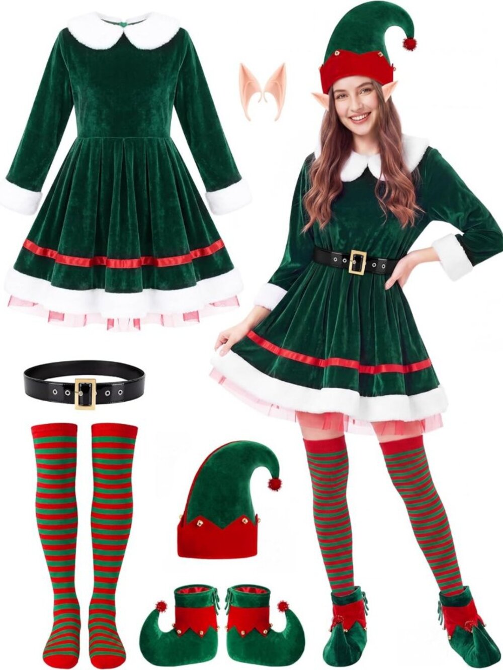 Festive Women's Christmas Elf Costume Set - Green Velvet Dress S-3XL, 6 Pack